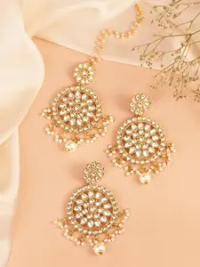Peora Gold-Plated Traditional Kundan & Pearl Earring with Maang Tikka Jewellery Set