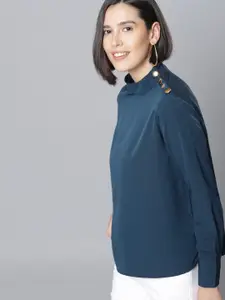 Tokyo Talkies Teal Blue Top With Cuffed Sleeves