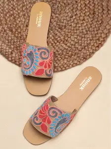 Anouk Women Peach-Coloured & Red Woven Design Open Toe Flats