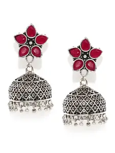 justpeachy Silver-Toned & Red Dome Shaped Oxidised Jhumkas
