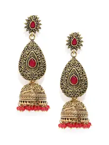 justpeachy Gold-Toned & Red Dome Shaped Oxidised Jhumkas