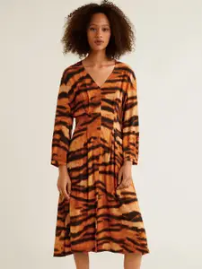 MANGO Women Rust Orange & Black Animal Print Midi A-Line Dress