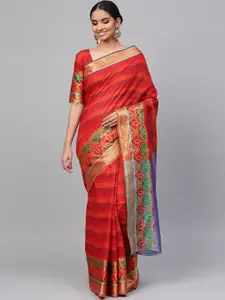 Saree mall Red & Orange Striped Banarasi Saree
