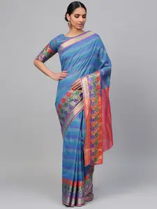 Saree mall Blue & Pink Striped Banarasi Saree