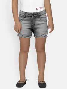 Palm Tree Girls Grey Washed Embroidered Slim Fit Denim Shorts
