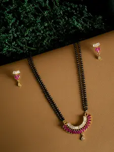 PANASH Gold-Plated & Pink CZ Stone-Studded Mangalsutra With Earrings