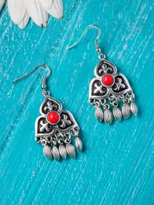 Rubans Silver-Toned & Red Handcrafted Classic Drop Earrings