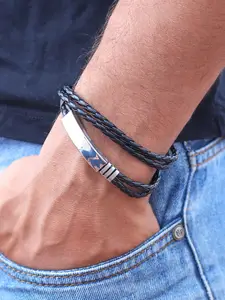 UNKNOWN by Ayesha Men Black Leather Braided Wraparound Bracelet