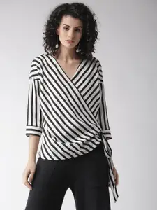 Style Quotient Women Black & White Striped Wrap Top