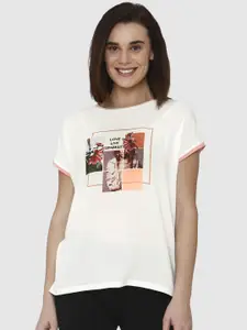Vero Moda Women White Printed Round Neck T-shirt
