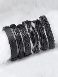 Peora Men Black Pack Of 6 Leather Multistrand Bracelet