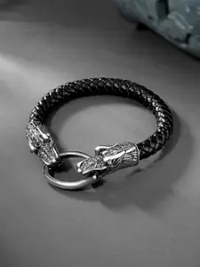 Peora Men Black Stainless Steel Silver-Plated Wraparound Bracelet