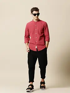 Mr Bowerbird Men Red Tailored Fit Cotton Linen Casual Shirt
