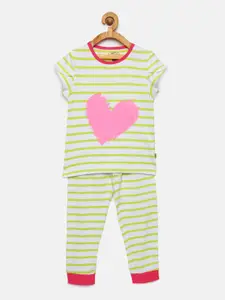 mackly Girls Green & White Striped Night suit 9010002-7-8 yrs
