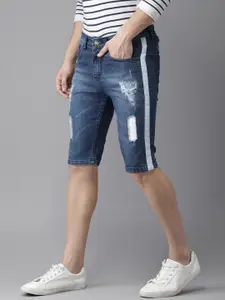 Campus Sutra Men Blue Washed Ripped Regular Fit Denim Shorts