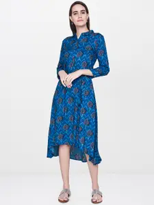 Global Desi Women Blue Printed A-Line High-Low Dress