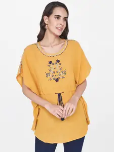 Global Desi Women Mustard Yellow Embroidered Kaftan Longline Top