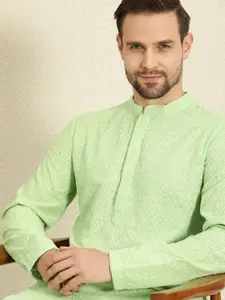 House of Pataudi Men Green Chikankari Embroidered Woven Design Straight Kurta