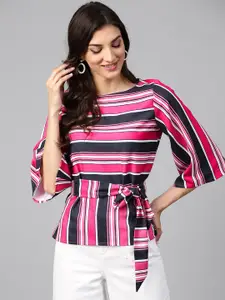 Zima Leto Women Pink Striped Cinched Waist Top