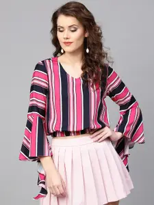Zima Leto Women Pink & Navy Striped Crop Blouson Top