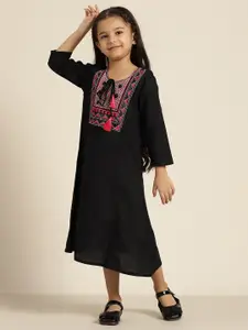 Sangria Girls Black Embroidered Detail A-Line Dress