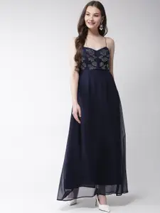 MISH Women Navy Blue Solid Maxi Dress with Embellished Detail