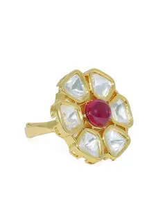 AccessHer Women Gold-Toned & Pink Floral Faux Ruby Finger Ring
