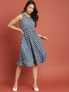 Taavi Blue Indigo Hand Block Print A-Line Sustainable Pure Cotton Dress with Layered Hem