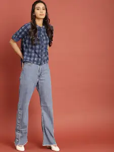 Taavi Blue & White Indigo Hand Block Print High-Low Pure Cotton Top with Gathers Detail