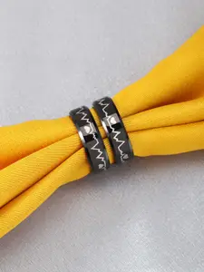 Peora Peroa Women Set of 2 Black Heartbeat Wave Design Couple Band Rings