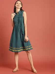 Taavi Green Bagru Hand Block Print A-Line Sustainable Pure Cotton Dress with Pleats & Pockets
