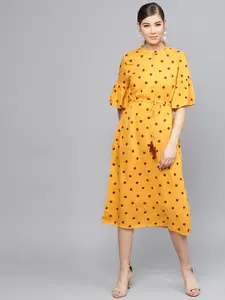 RARE ROOTS Women Mustard Yellow & Maroon Printed A-Line Dress