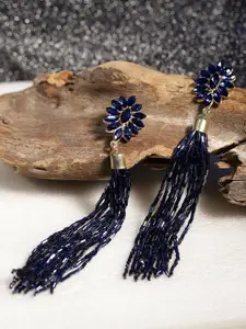 YouBella Navy Blue Gold-Plated Tasselled Stone-Studded Drop Earrings