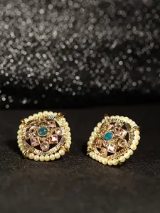 YouBella Green Gold-Plated Stone-Studded Beaded Circular Studs