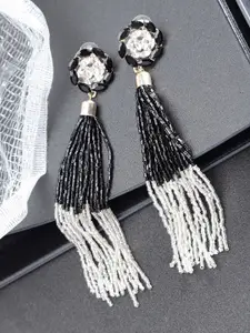 YouBella Black & Off-White Gold-Plated Stone-Studded & Beaded Tasselled Drop Earrings