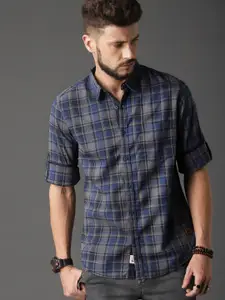 Roadster Men Navy Blue & Grey Regular Fit Summer Check Sustainable Casual Shirt