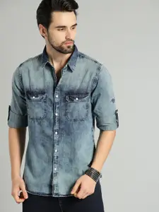 Roadster Men Blue Regular Fit Solid Chambray Sustainable Casual Shirt