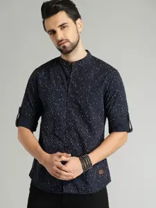 Roadster Men Navy Blue & White Regular Fit Printed Sustainable Casual Shirt