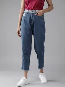 Roadster Women Blue Contrast High-Rise Crop Boyfriend Fit Clean Look Stretchable Jeans