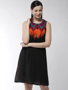 StyleStone Women Black & Orange A-Line Dress with Printed Back