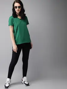 HERE&NOW HERENOW Women Green Solid V-Neck Pure Cotton T-shirt