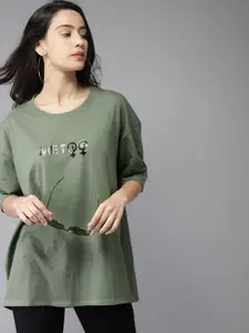 Moda Rapido Women Green Printed Round Neck Pure Cotton T-shirt