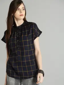 Roadster Women Navy & Mustard Yellow Checked Sustainable Top