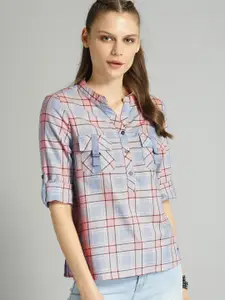 Roadster Women Blue & Peach-Coloured Regular Fit Checked Casual Shirt