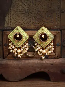 PANASH Gold-Toned & Green Square Drop Earrings