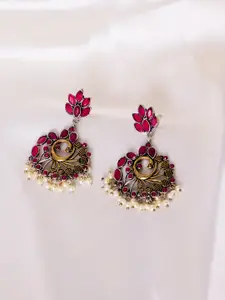 PANASH Silver-Toned & Pink Peacock Shaped Drop Earrings