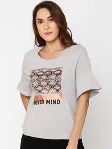 Vero Moda Women Grey Printed Round Neck T-shirt