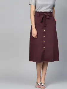 Athena Women Burgundy Solid Denim A-Line Skirt
