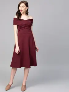Athena Burgundy Off-Shoulder Pleated Fit & Flare Dress