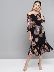RARE Black & Pink Floral Printed A-Line Midi Dress